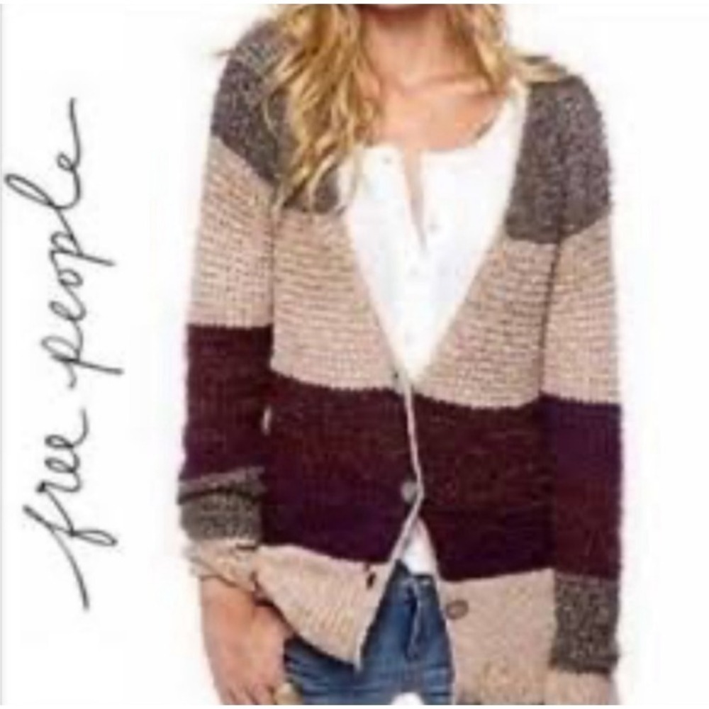 Free People Lake Tahoe‎ Color Block Stripe Cardigan Sweater Button V-Neck  SZ S